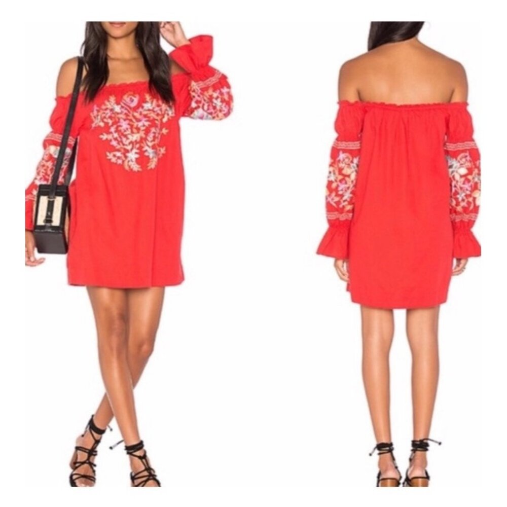 Free People Fleur Du Jour Off-the-Shoulder Embroidered Tunic Dress M Babydoll